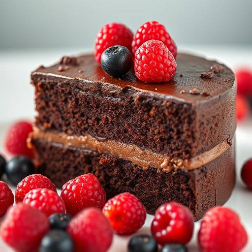 Fotograf√≠a de un pastel vegano de chocolate con frutos rojos.