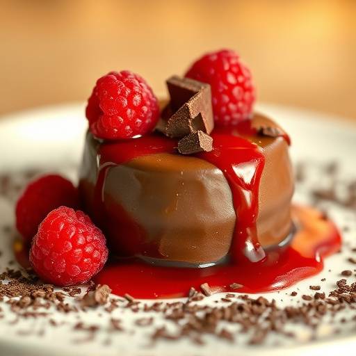 Fotograf√≠a de un postre de chocolate con salsa de frambuesa y decoraci√≥n de virutas de chocolate.