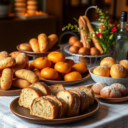 Fotograf√≠a de una mesa con panes dulces variados, como ensaimadas y bollos suizos.