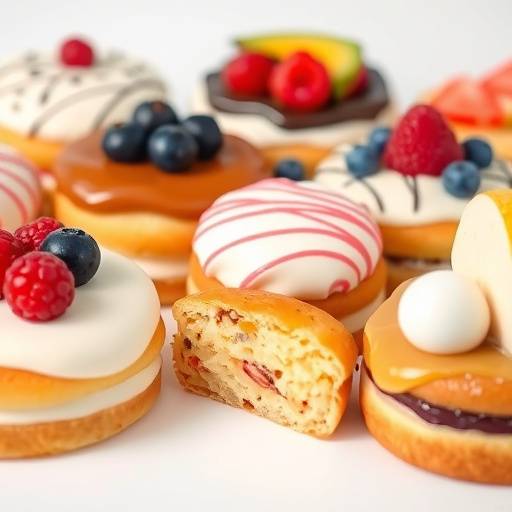 Fotograf√≠a de una selecci√≥n de pasteles variados decorados con glaseado y frutas.