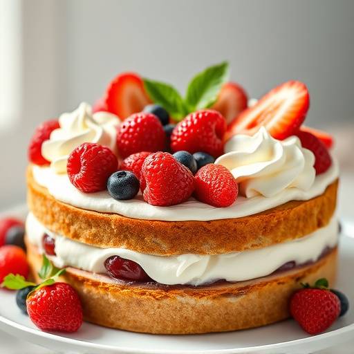 Fotograf√≠a de una tarta elaborada con frutas frescas y crema batida.