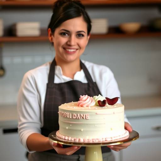 Fotograf칤a de Elena Ram칤rez, instructora de reposter칤a en Pasteler칤a Delicias, mostrando un pastel decorado.
